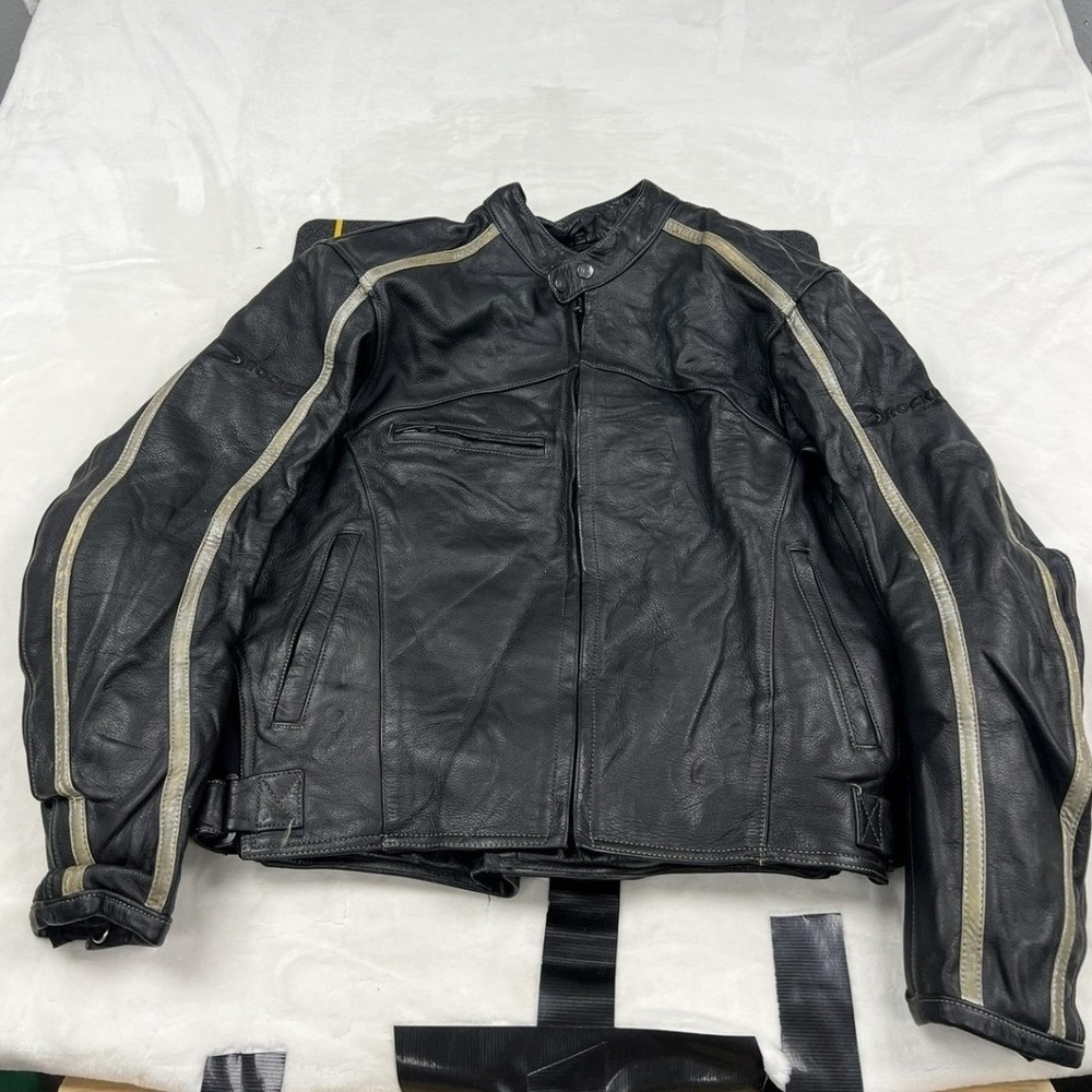 Joe Rocket Motorcycle Jacket Mens 46 Black Leather Racing Stripe Padded Liner